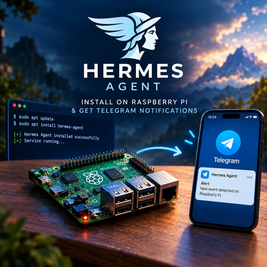 Hermes Agent installed on a Raspberry Pi, pushing a notification to Telegram