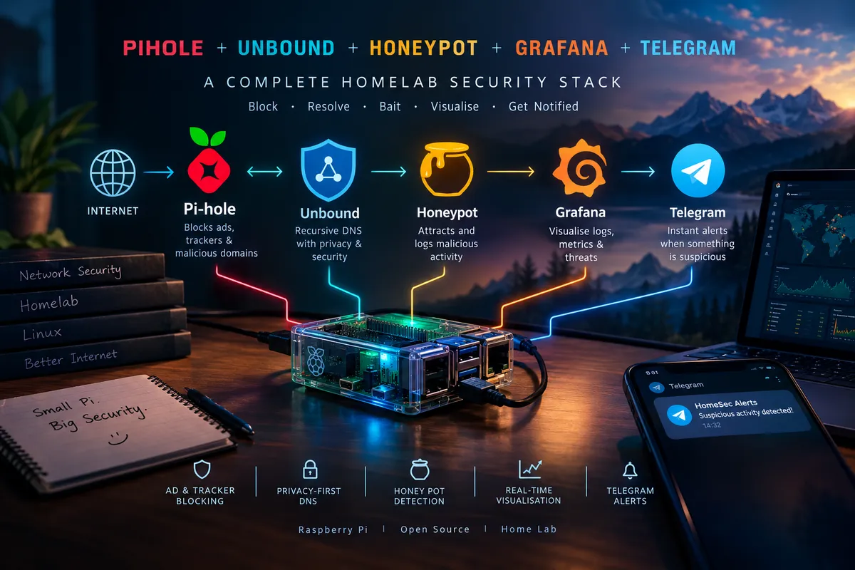 Pi-hole, Unbound, honeypot, Grafana and Telegram running together on one Raspberry Pi: a complete homelab security stack