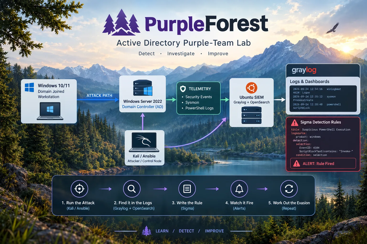 PurpleForest: an Active Directory purple-team lab. Kali attacks a Windows domain, Vector ships Security, Sysmon and PowerShell logs to Graylog, and Sigma rules fire alerts