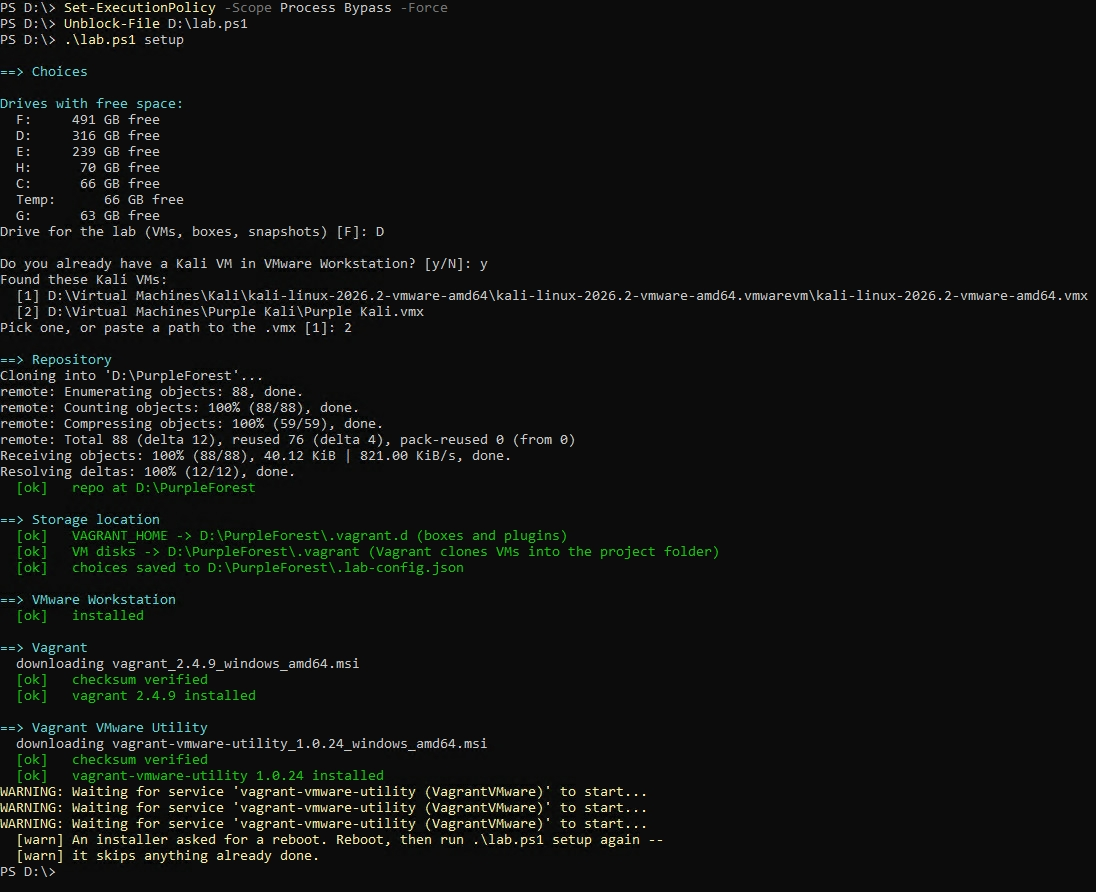 lab.ps1 setup, first run: drive and Kali choices, repo clone, Vagrant and the VMware Utility installed with verified checksums, then a reboot request