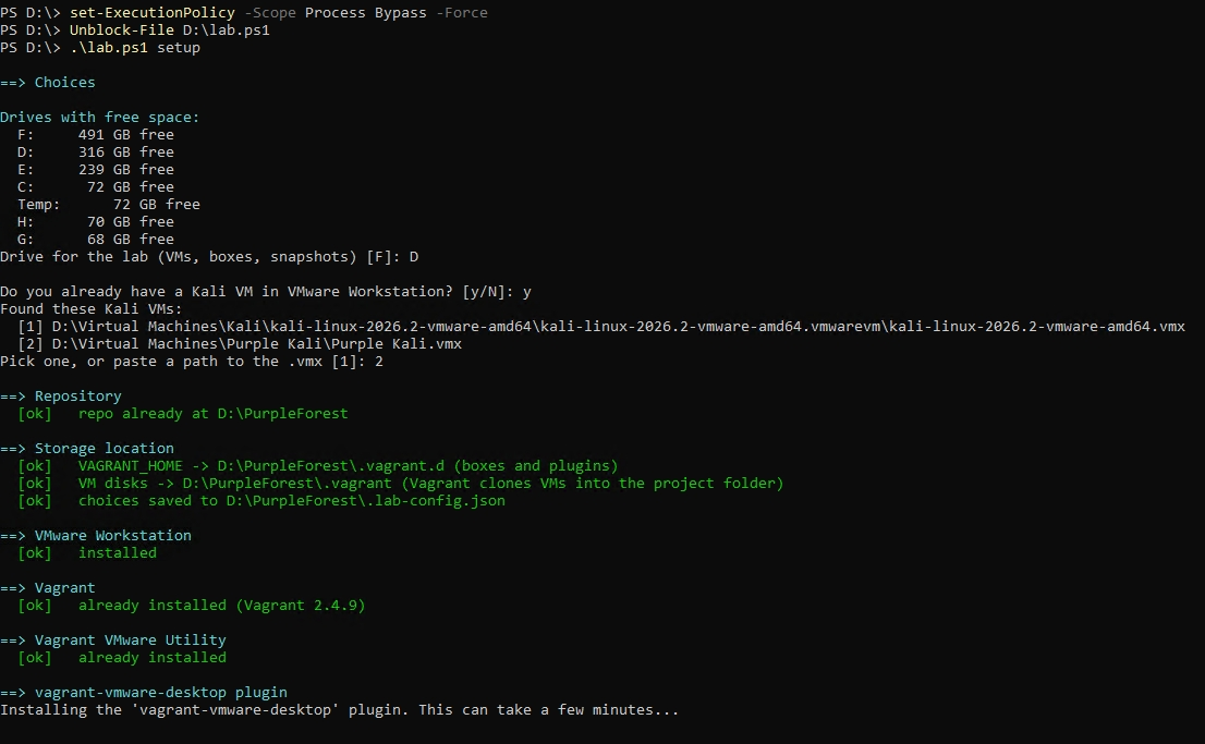 lab.ps1 setup after the reboot: repo, Vagrant and the utility already in place, now installing the vagrant-vmware-desktop plugin