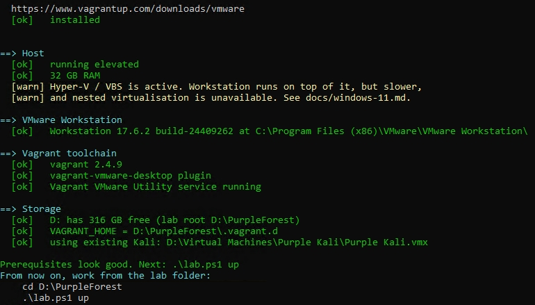 Prerequisite check: host, VMware Workstation 17.6.2, Vagrant 2.4.9 with plugin and utility, 316 GB free on D:, existing Kali detected