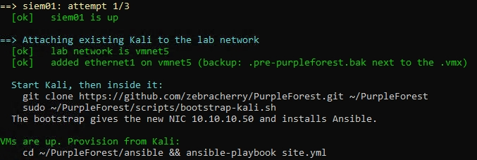 siem01 comes up, then the existing Kali gets ethernet1 on vmnet5, with the next steps printed