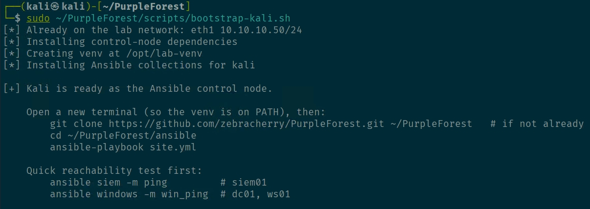 bootstrap-kali.sh on a re-run: eth1 already on 10.10.10.50, venv created, collections installed, Kali ready as the control node